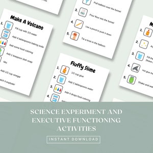 May include: Printable science experiment instructions for making a volcano, fluffy slime, and a magic potion. The instructions are written in a fun, colorful style with illustrations.