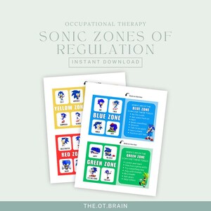 May include: Three printable charts featuring Sonic the Hedgehog characters in different coloured zones. The zones are labelled "Yellow Zone", "Blue Zone", and "Green Zone". Each zone includes a list of feelings and coping strategies.
