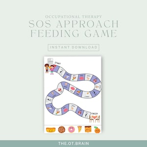May include: A printable board game for occupational therapy featuring a purple and blue game board with a path for game pieces to follow. The game board has various words and images related to eating and feeding. The game board is titled "SOS Approach Feeding Game".