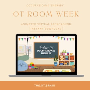 Puede incluir: Un gráfico digital que muestra un fondo virtual animado para una sala de terapia ocupacional en la pantalla de una computadora portátil. La escena incluye una pizarra con el texto Welcome To OCCUPATIONAL THERAPY, un estante de juguetes y banderines.
