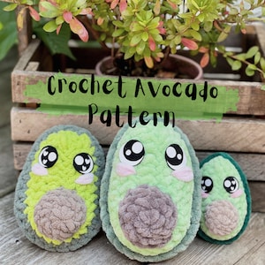 May include: Three plush crochet avocado toys with large cartoon eyes and rosy cheeks. The avocados are in shades of green and brown, with the text "Crochet Avocado Pattern" above them.