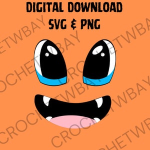 May include: A digital download of a cartoon face with large eyes, a wide smile, and sharp teeth. The face is orange with blue eyes and a pink tongue. The text "DIGITAL DOWNLOAD SVG & PNG" is at the top of the image.