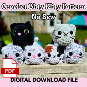 May include: Six small, plush, cube-shaped crochet kittens in various colors including black, grey, white, and calico. Each kitten features large plastic eyes, a small nose, and embroidered whiskers. Text reads: Crochet Bitty Kitty Pattern No Sew PDF.