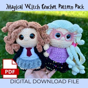 May include: Two crocheted dolls, one with brown hair and a tie, the other with blonde hair and pink glasses. The dolls are part of a "Magical Witch Crochet Pattern Pack" digital download file.