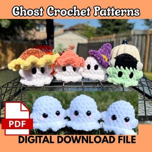 May include: A collection of seven small, plush, crocheted ghost figures. Four ghosts wear colorful hats, including yellow, orange, purple, and black. Three plain white ghosts with pink cheeks are shown below. The text reads Ghost Crochet Patterns.