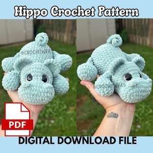May include: A light green crochet hippo plush toy with large black eyes and a curled tail. The image includes the text Hippo Crochet Pattern and Digital Download File with a red PDF icon. The plush has a soft, textured yarn construction.