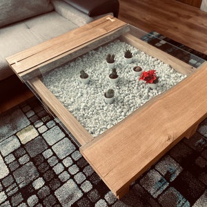 Unique coffee table, table with glass and rocks,Table from Solid Oak - Modern Oak Coffee Table with Glass,