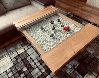 Unique coffee table, table with glass and rocks,Table from Solid Oak - Modern Oak Coffee Table with Glass,