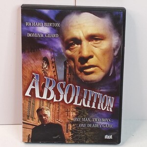 May include: DVD case for the movie "Absolution" featuring Richard Burton and Dominic Guard. The cover art shows a man's face, a church, and the text "ONE MAN, TWO BOYS... ONE DEADLY GAME."
