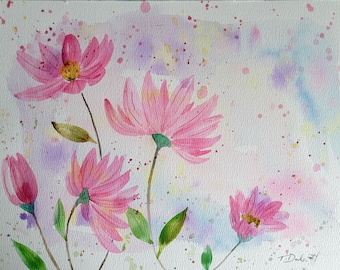 Watercolor Original - Pink Flowers in the Breeze