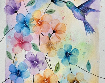 Impression aquarelle - Fleurs printanières dans le vent avec colibri