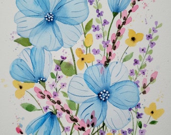 Watercolor Print - Spring Bouquet - Blue
