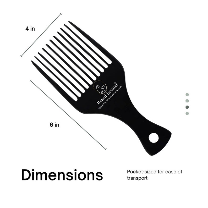 Pode incluir: Pente de barba de pl&aacute;stico preto com uma al&ccedil;a larga e uma fileira de dentes. O pente tem 15,2 cm de comprimento e 10,2 cm de largura. O pente tem o texto "Beard Bonnet" e "THE HAIR, THE FACE, THE SKIN" impresso nele.