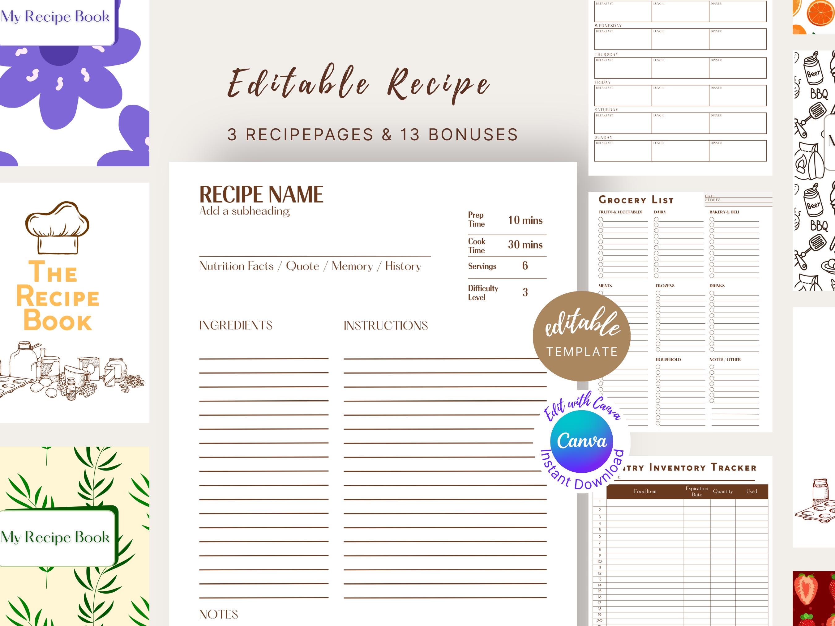 Editable Recipe Book Template, Family Cookbook (Digital Download)