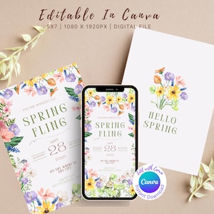Spring Fling Digital Invitation Template, Hello Spring Editable Floral Party Canva Invite, 5x7 & 1080x1920 Evite Digital Download