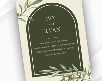 Puede incluir: Invitación de boda con los nombres "IVY and RYAN" en un arco verde oscuro. La invitación incluye la fecha, hora y lugar: "Saturday, September 13, 2026 | at four in the afternoon, Really Great Garden, 123 Anywhere St., Any City."