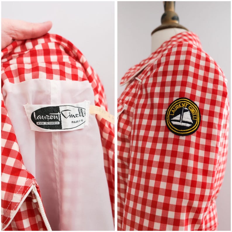May include: Red and white gingham dress with a boat patch and a label that reads "Laurent Cinelli, Made in France, Paris".