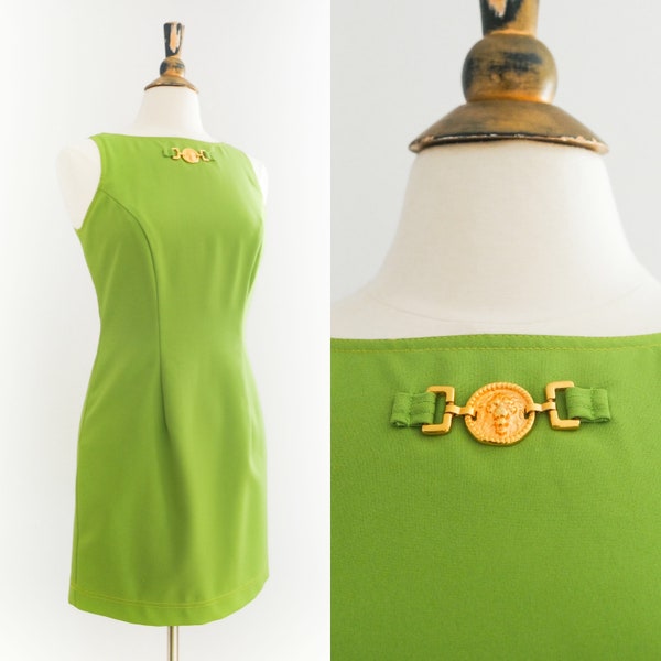 Vintage 1990’s Versace-Style Green Mini Dress with Roaring Lionhead • XS/S