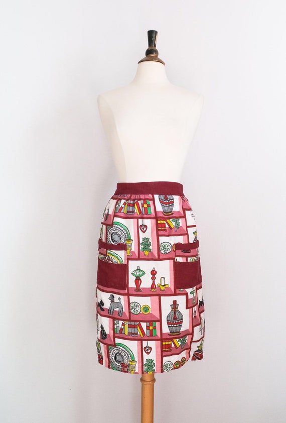 Vintage 1940’s RARE Novelty Print Barkcloth Apron… - image 2