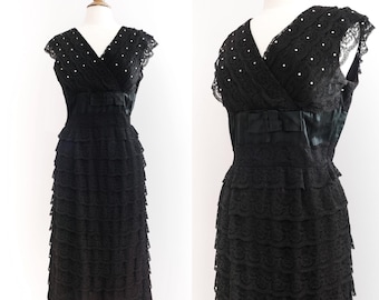 Vintage 1950’s Black Cupcake Du Barry Rhinestone Cocktail Dress • M