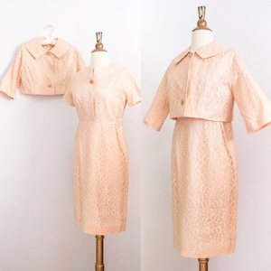 Vintage 1960’s Beige Lace 2-piece Dress and Jacket Set • M