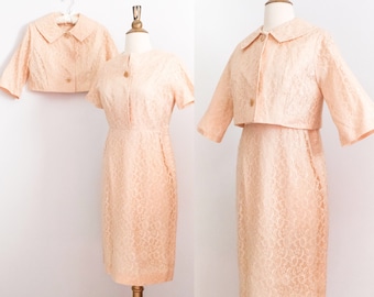 Vintage 1960’s Beige Lace 2-piece Dress and Jacket Set • M