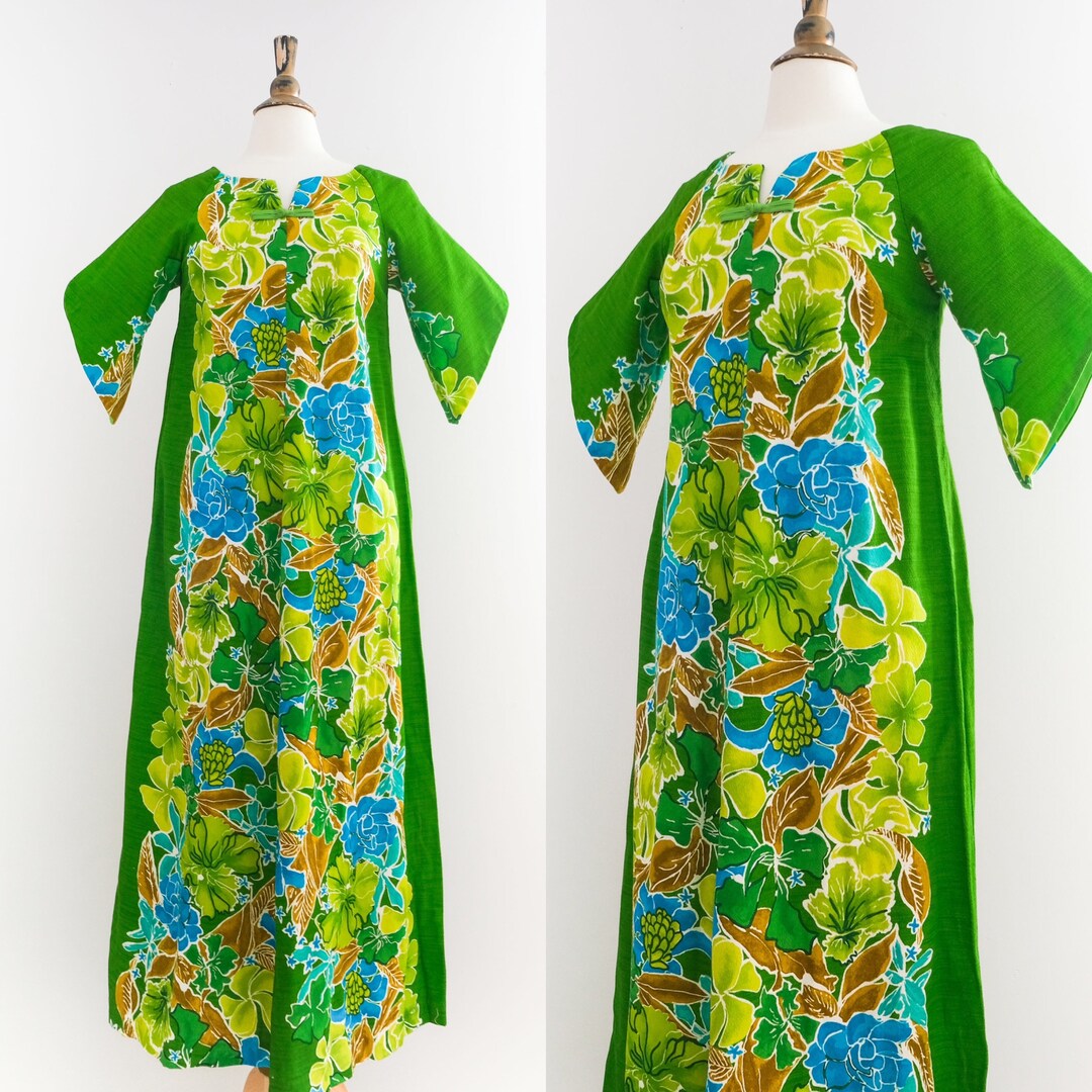 Vintage 1970s Green Hawaiian Floral Barkcloth Maxi Dress • XS - Etsy