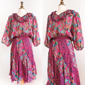 Vintage 1980’s Susan Freis Vibrant Neon Pink Dress • L/XL