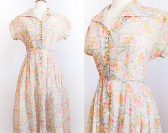 Vintage 1940s Sheer Pink Floral Chiffon Dress • S