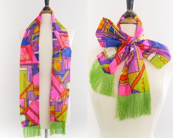 Vintage Groovy Psychedelische Geo Fringe Sjaal uit de jaren 70