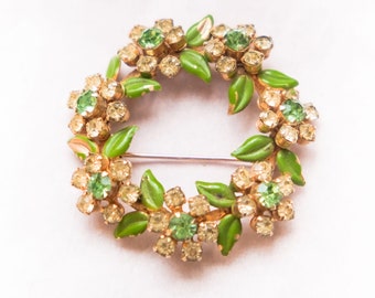 Vintage 1950’s Enamel Rhinestone Floral Wreath Brooch