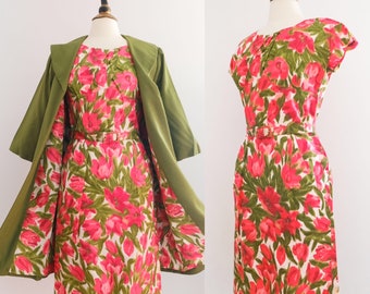 Vintage 1950’s Floral Wiggle Dress and Jacket Set • 50’s Pink Garden Party 2 pc Set • M