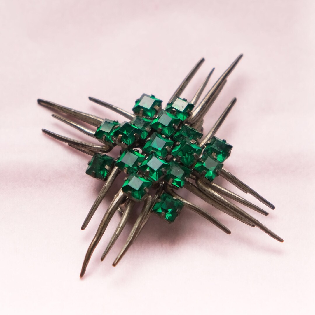 Vintage OOAK Brutalist Brooch/Pendant, Green Stone Brass/Bronze Studio Handmade 2 3/8