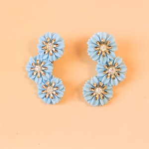 Vintage Mid-Century Blue Floral Sparkling Rhinestone Clip-On Ear Climber Earrings image 2