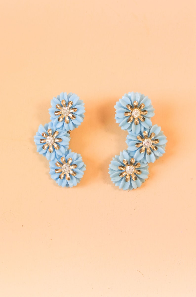 Vintage Mid-Century Blue Floral Sparkling Rhinestone Clip-On Ear Climber Earrings image 2