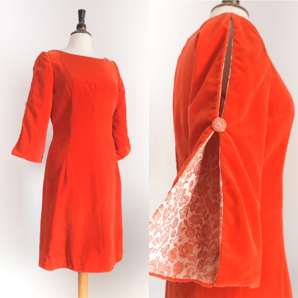 Vestido mod vintage de terciopelo naranja con mangas divididas de los años 60 • S
