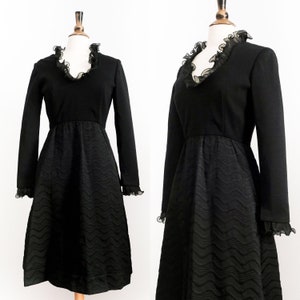 Vintage 1960er Malcolm Starr Schwarzes Woll-Rüschen-Kleid • S / M