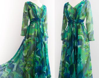 Vintage jaren 60 groovy groene bloemenjurk • XXS