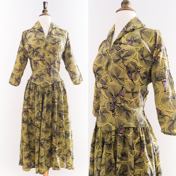 Vintage 1940s Novely Umbrella Print Rayon Dress • XS/S
