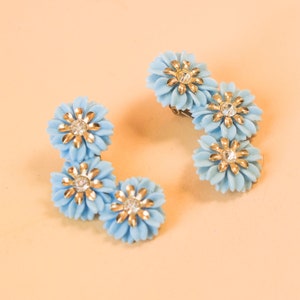 Vintage Mid-Century Blue Floral Sparkling Rhinestone Clip-On Ear Climber Earrings image 1