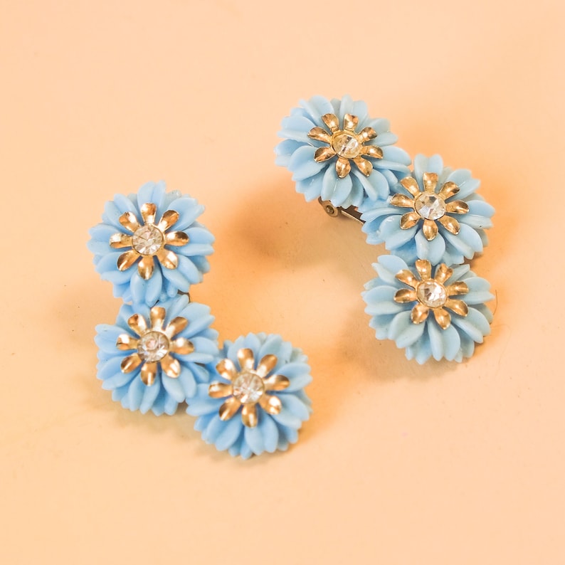 Vintage Mid-Century Blue Floral Sparkling Rhinestone Clip-On Ear Climber Earrings image 1