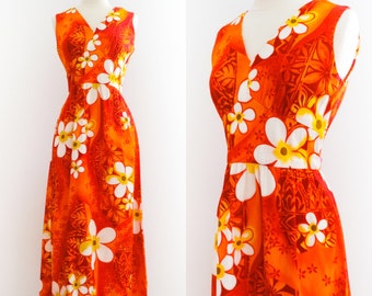 Vintage 1960s Flower Power Hawaiian Barkcloth Maxi Dress • S