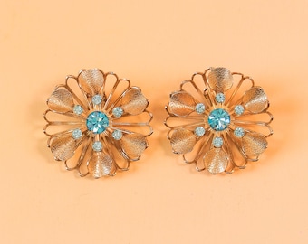 Vintage Mid-Century Blue Floral Sparkling Rhinestone Clip-On Earrings