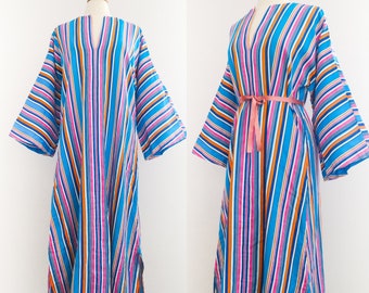 Vintage 1970’s Vibrant Flared Sleeve Striped Kaftan Maxi Dress. • L/XL