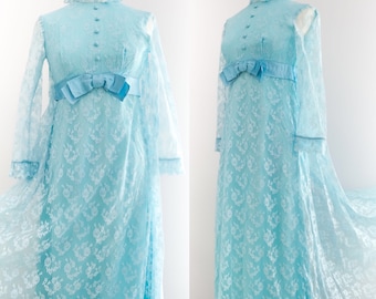 Vintage 1960’s Pastel Blue Lace Maxi Dress with Cape Back • XS/S