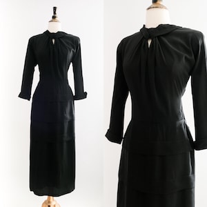 Vintage 1940s Femme Fatale Black Crepe  Dress • XS