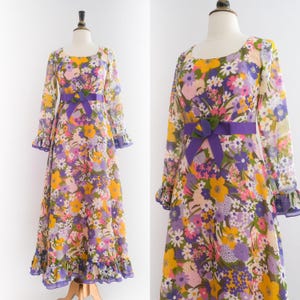 1960s Miss Elliette Purple Floral Vintage Maxi Dress • XS
