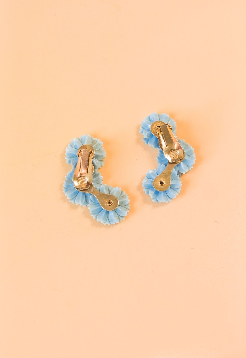 Vintage Mid-Century Blue Floral Sparkling Rhinestone Clip-On Ear Climber Earrings image 7