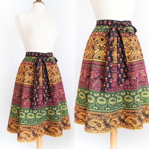 Vintage 1950’s Block Print Floral Cotton Wrap Skirt • XS-M