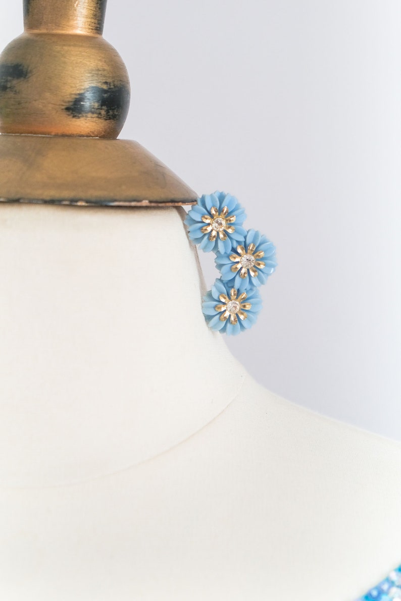 Vintage Mid-Century Blue Floral Sparkling Rhinestone Clip-On Ear Climber Earrings image 5